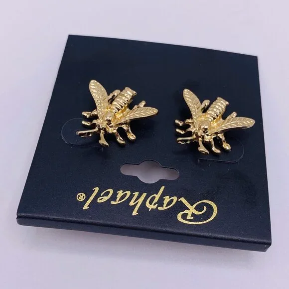 Raphael Gold Tone Bee Earrings Insect Studs Nature Bug Costume Jewelry Gift NWT - Picture 3 of 4
